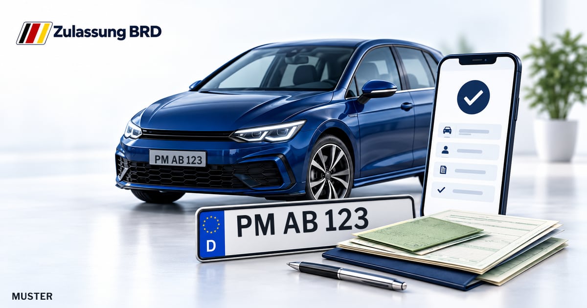Online Fahrzeugzulassung in Kleinmachnow: Musterkennzeichen PM AB 123, Auto und Fahrzeugpapiere und Smartphone. Illustration mit Logo von Zulassung BRD.